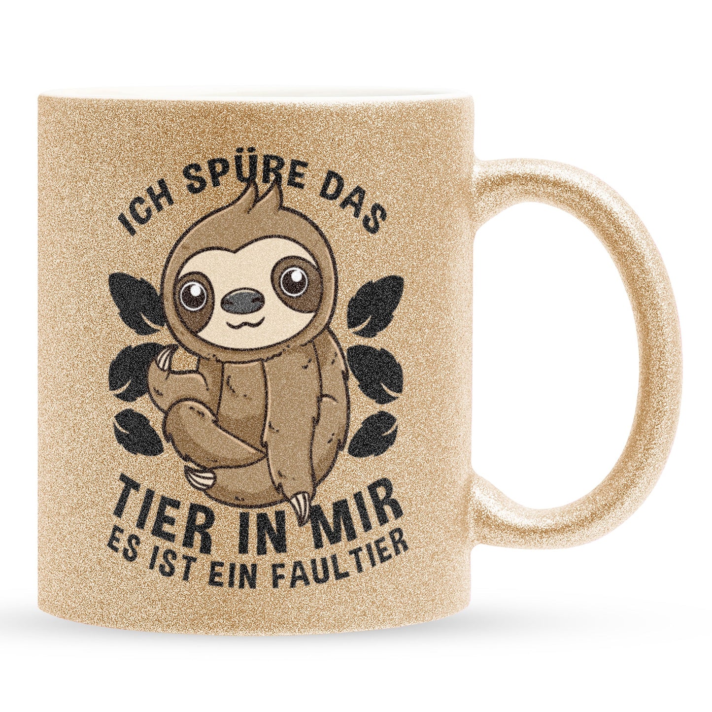 22Feels® Glitzertasse mit Faultier Tiermotiv - Büro Geschenkidee - Spruch: Ich spüre das Tier in mir (Gold, 320ml)-Glitzertasse Gold 320ml-22Feels