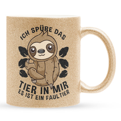 22Feels® Glitzertasse mit Faultier Tiermotiv - Büro Geschenkidee - Spruch: Ich spüre das Tier in mir (Gold, 320ml)-Glitzertasse Gold 320ml-22Feels
