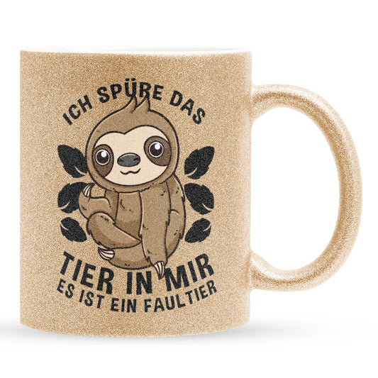 22Feels® Glitzertasse mit Faultier Tiermotiv - Büro Geschenkidee - Spruch: Ich spüre das Tier in mir (Gold, 320ml)-Glitzertasse Gold 320ml-22Feels