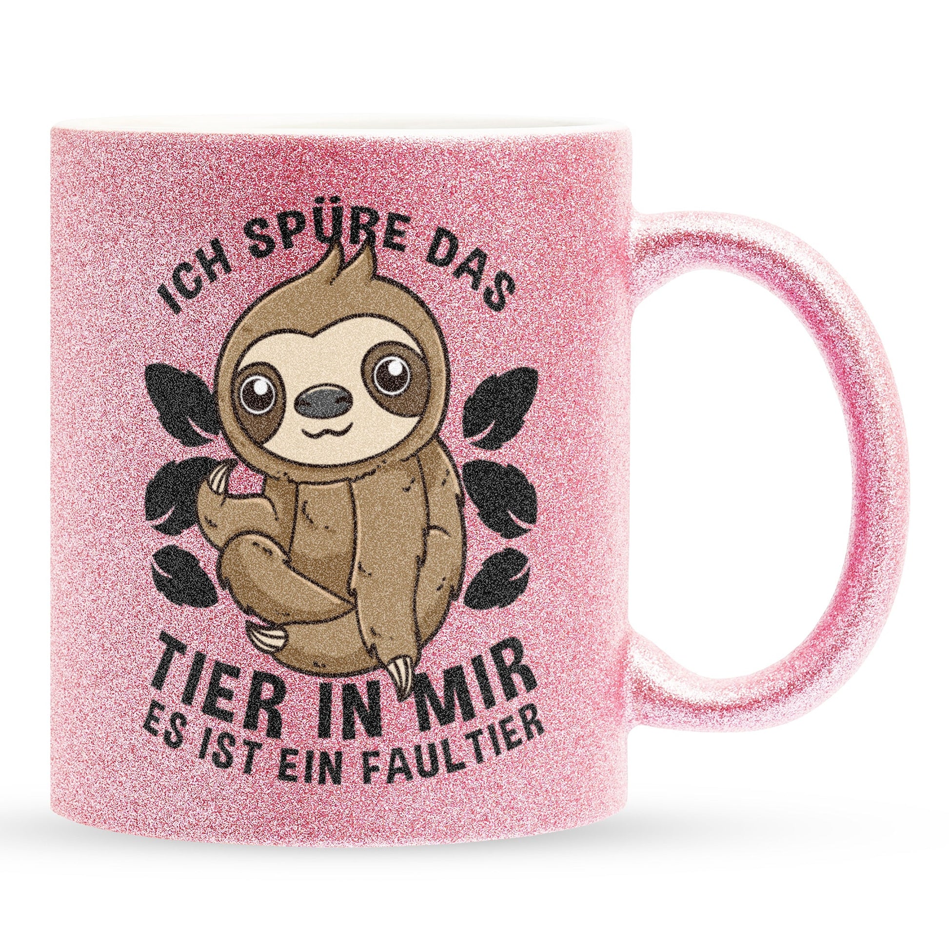 22Feels® Glitzertasse mit Faultier Tiermotiv - Büro Geschenkidee - Spruch: Ich spüre das Tier in mir (Pink, 320ml)-Glitzertasse Pink 320ml-22Feels
