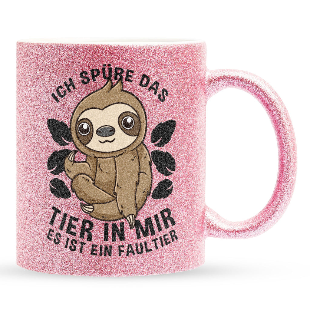 22Feels® Glitzertasse mit Faultier Tiermotiv - Büro Geschenkidee - Spruch: Ich spüre das Tier in mir (Pink, 320ml)-Glitzertasse Pink 320ml-22Feels