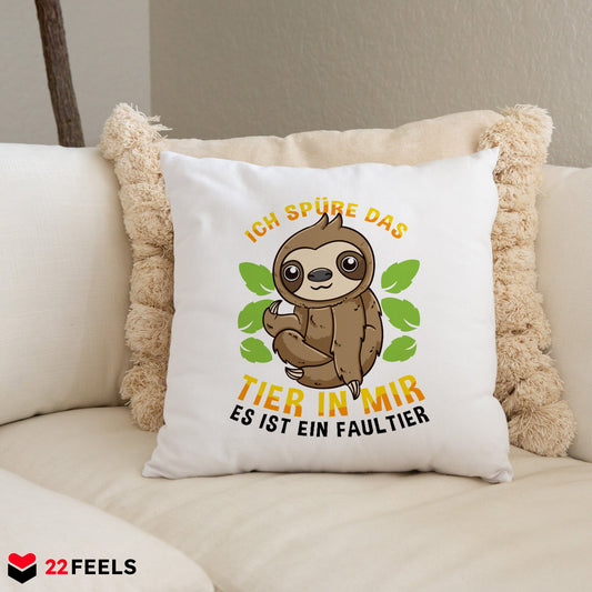 22Feels® Kissen mit Faultier Tiermotiv - Büro Geschenkidee - Spruch: Ich spüre das Tier in mir (Weiss, 40x40cm)-Kissen Weiss 40x40-22Feels