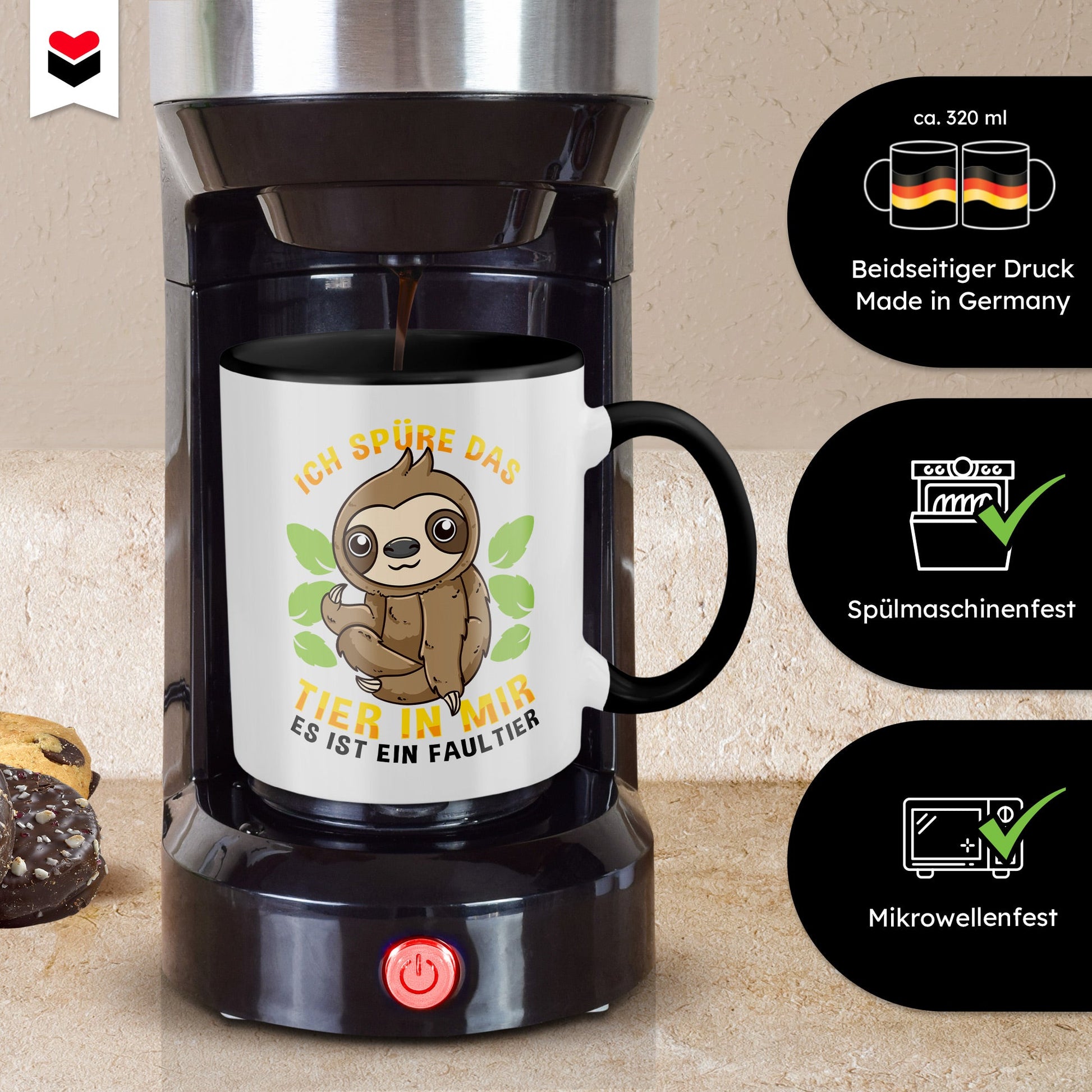 22Feels® Tasse mit Faultier Tiermotiv - Büro Geschenkidee - Spruch: Ich spüre das Tier in mir (Weiss-Schwarz, 320ml)-TwoTone Tasse Weiss-Schwarz 320ml-22Feels