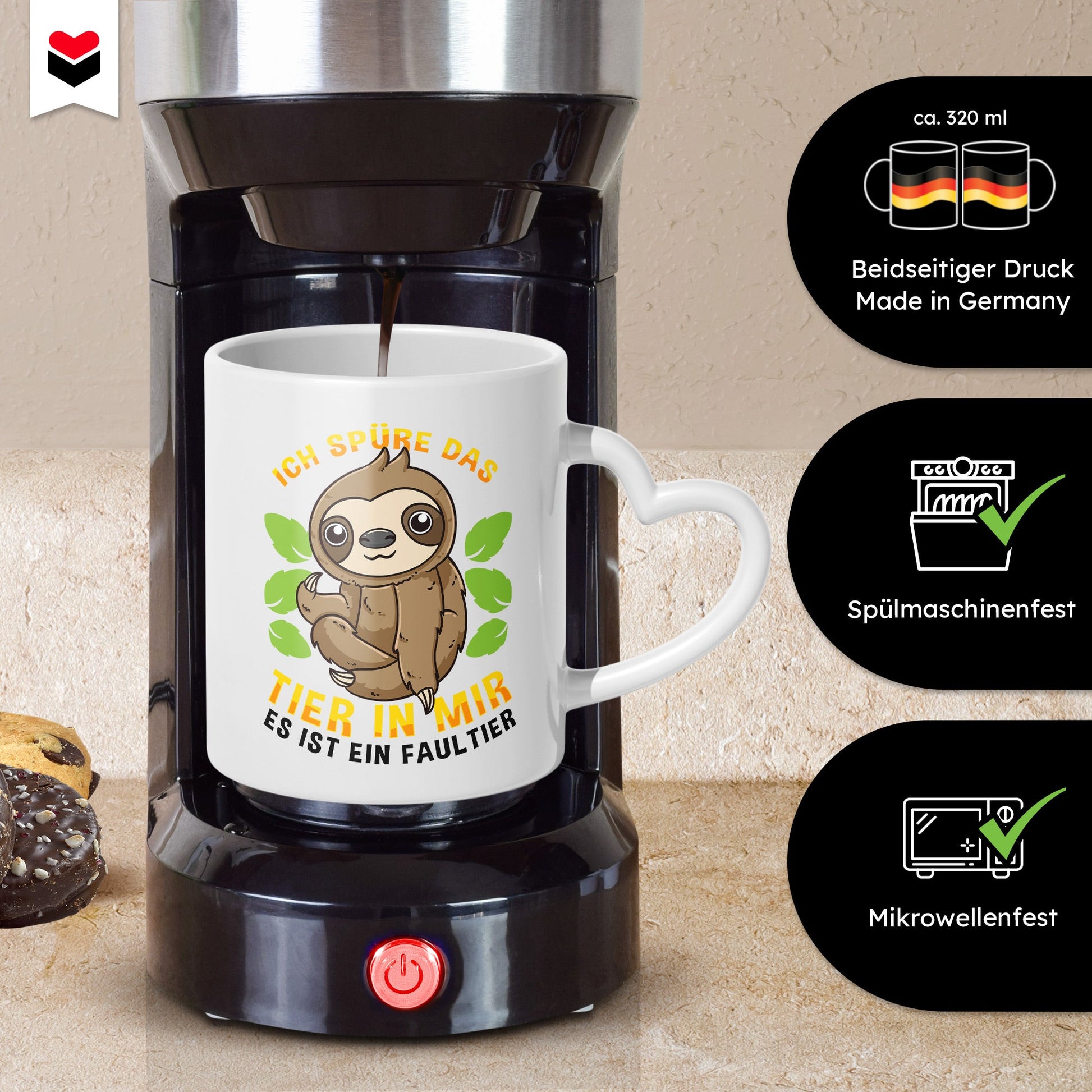 22Feels® Tasse mit Faultier Tiermotiv - Büro Geschenkidee - Spruch: Kummer und Sorgen (Herzhenkel, Weiss, 320ml)-Tasse Weiss Herzhenkel 320ml-22Feels