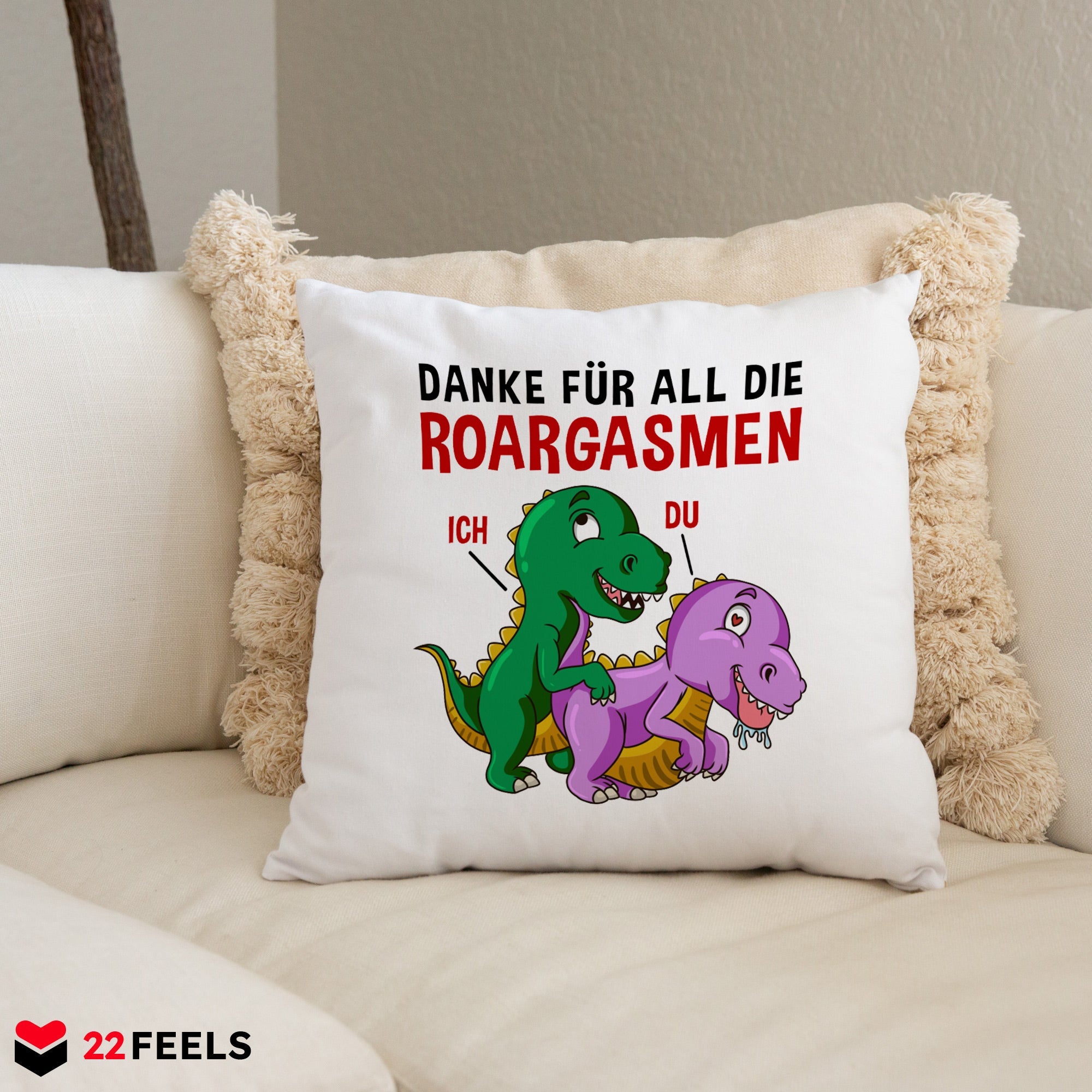 22Feels® Frauen Geschenk zum Jahrestag, Hochzeitstag, Valentinstag etc. - Spruch: Danke für all die Roargasmen (Weiss-Schwarz, 320ml)-Kissen Weiss 40x40-22Feels