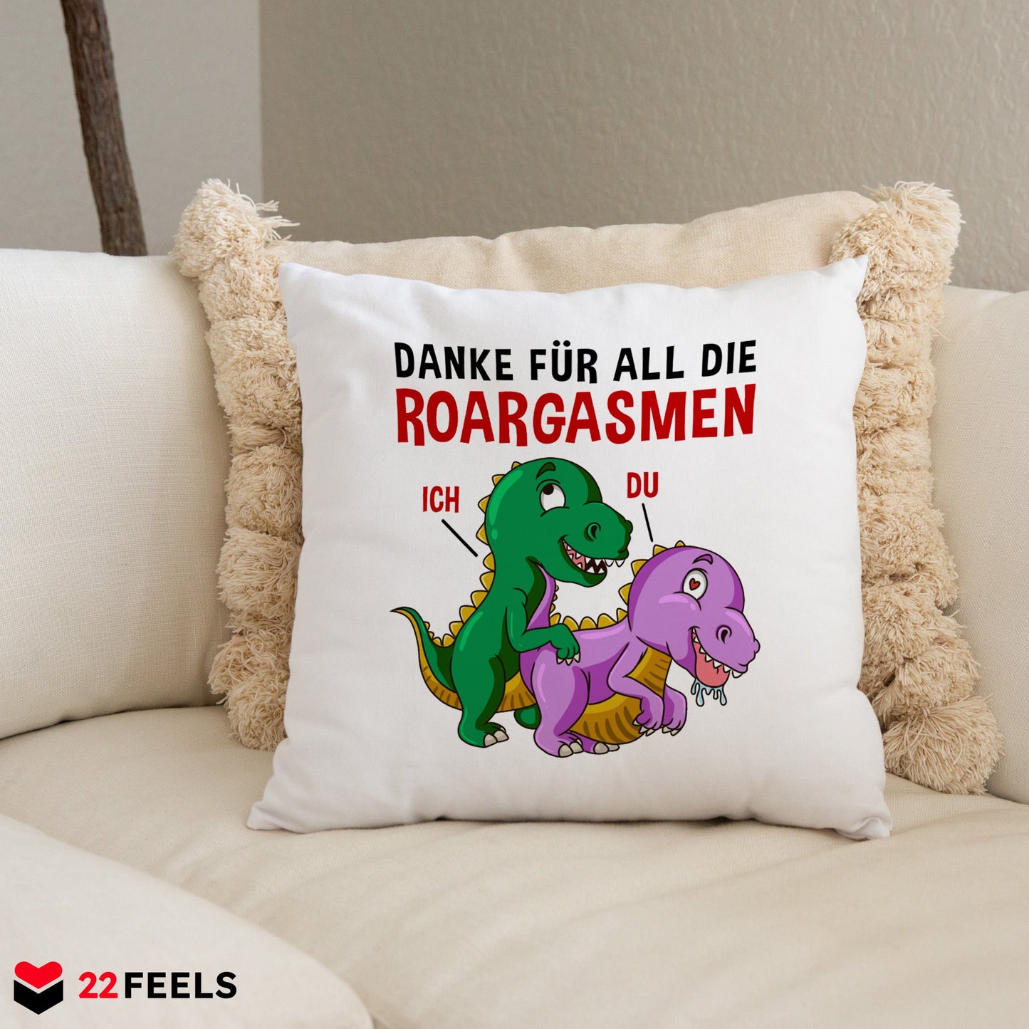 22Feels® Frauen Geschenk zum Jahrestag, Hochzeitstag, Valentinstag etc. - Spruch: Danke für all die Roargasmen (Weiss-Schwarz, 320ml)-Kissen Weiss 40x40-22Feels