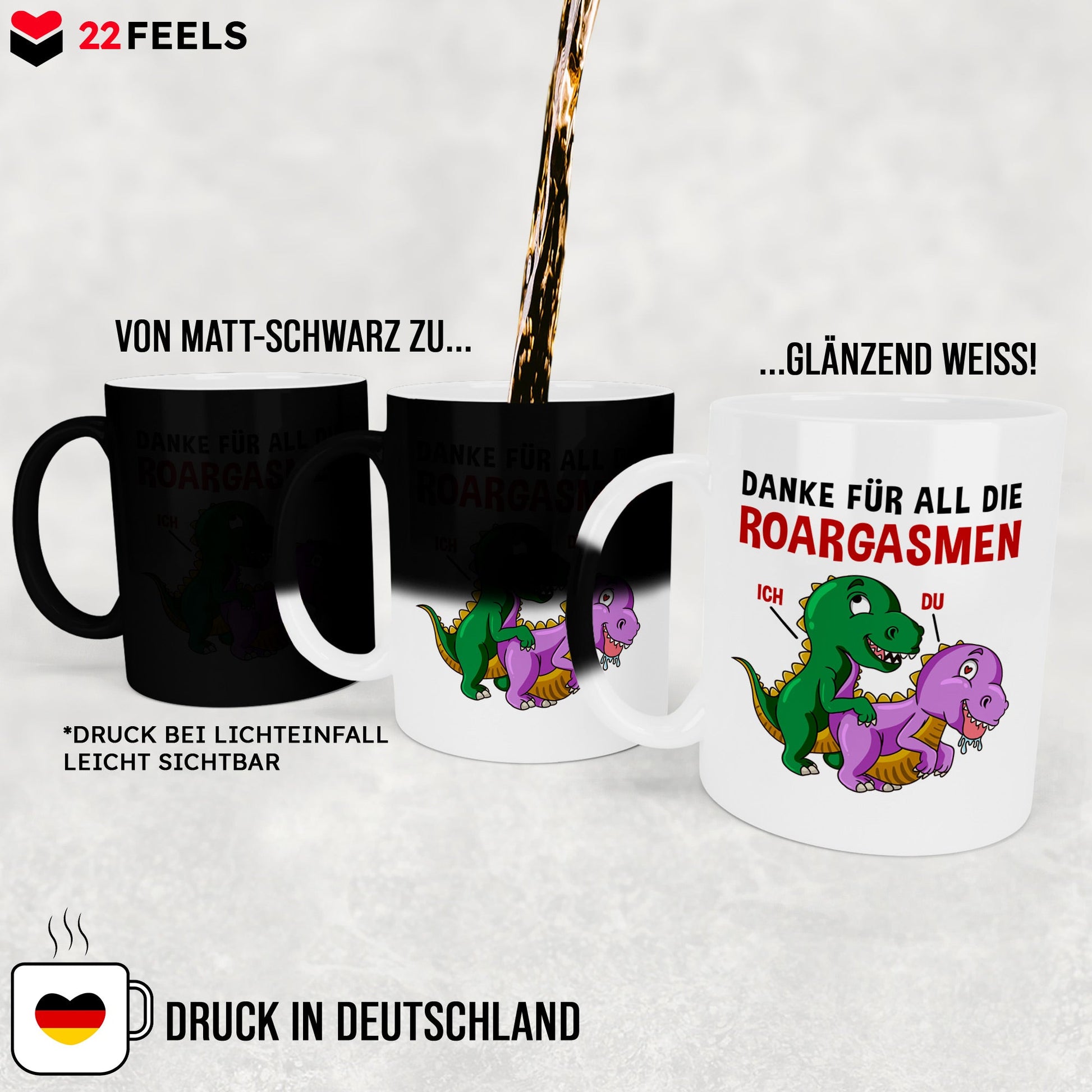 22Feels® Frauen Geschenk zum Jahrestag, Hochzeitstag, Valentinstag etc. - Zaubertasse mit Spruch: Danke für all die Roargasmen (Matt-Schwarz und Weiss, 320ml)-Farbwechsel Tasse Matt 320ml-22Feels