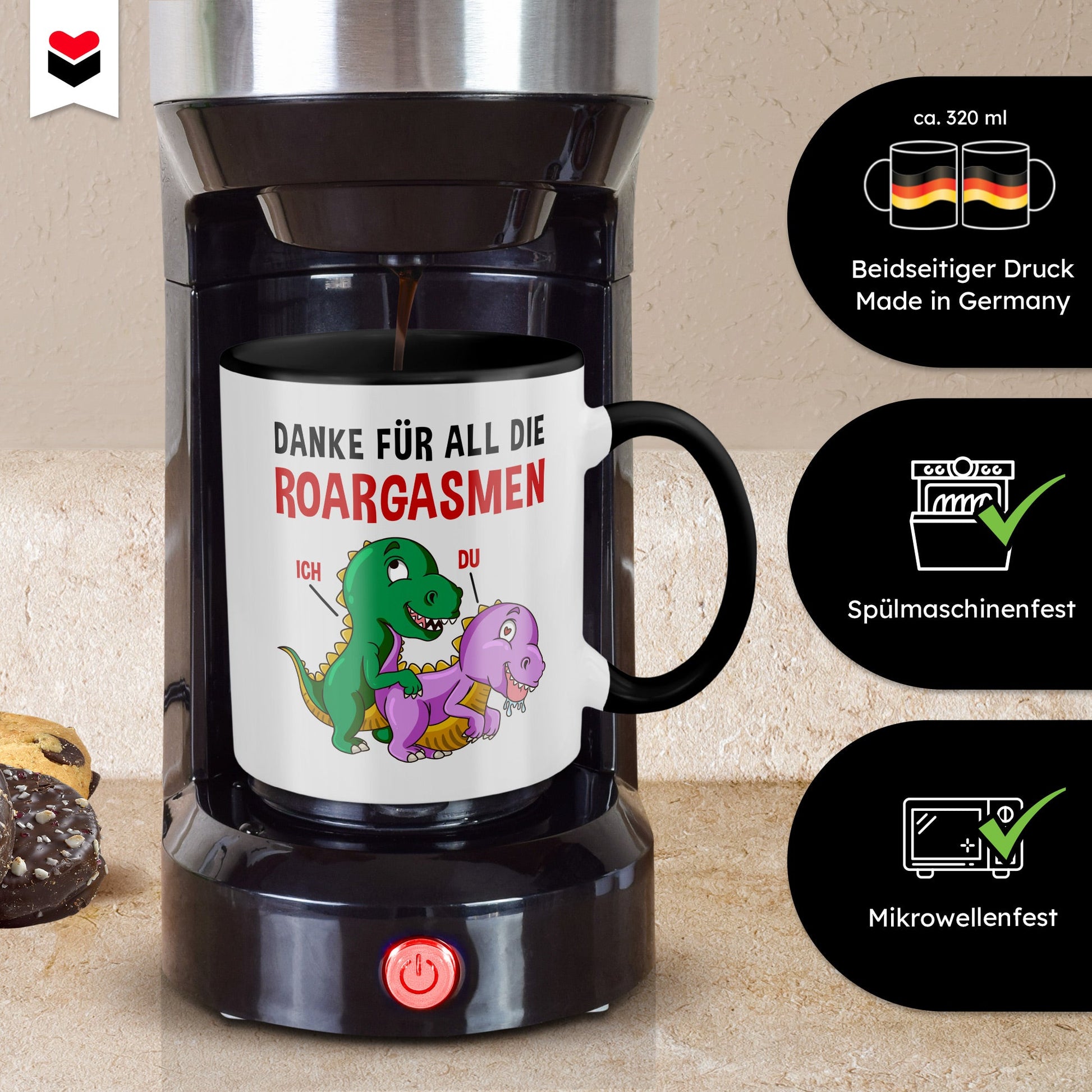 22Feels® Frauen Geschenk zum Jahrestag, Hochzeitstag, Valentinstag etc. - Spruch: Danke für all die Roargasmen (Weiss-Schwarz, 320ml)-TwoTone Tasse Weiss-Schwarz 320ml-22Feels