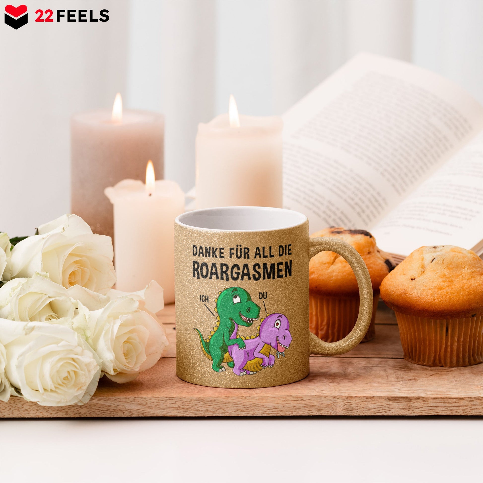 22Feels® Frauen Geschenk zum Jahrestag, Hochzeitstag, Valentinstag etc. - Glitzertasse mit Spruch: Danke für all die Roargasmen (Gold, 320ml)-Glitzertasse Gold 320ml-22Feels