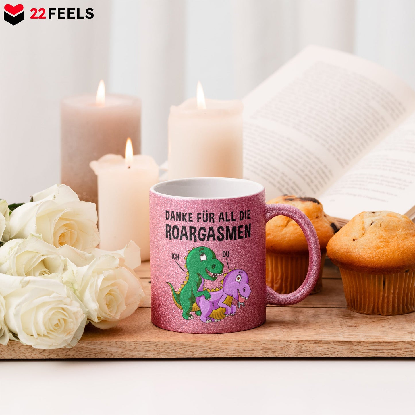 22Feels® Frauen Geschenk zum Jahrestag, Hochzeitstag, Valentinstag etc. - Glitzertasse mit Spruch: Danke für all die Roargasmen (Pink, 320ml)-Glitzertasse Pink 320ml-22Feels