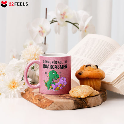 22Feels® Frauen Geschenk zum Jahrestag, Hochzeitstag, Valentinstag etc. - Glitzertasse mit Spruch: Danke für all die Roargasmen (Pink, 320ml)-Glitzertasse Pink 320ml-22Feels