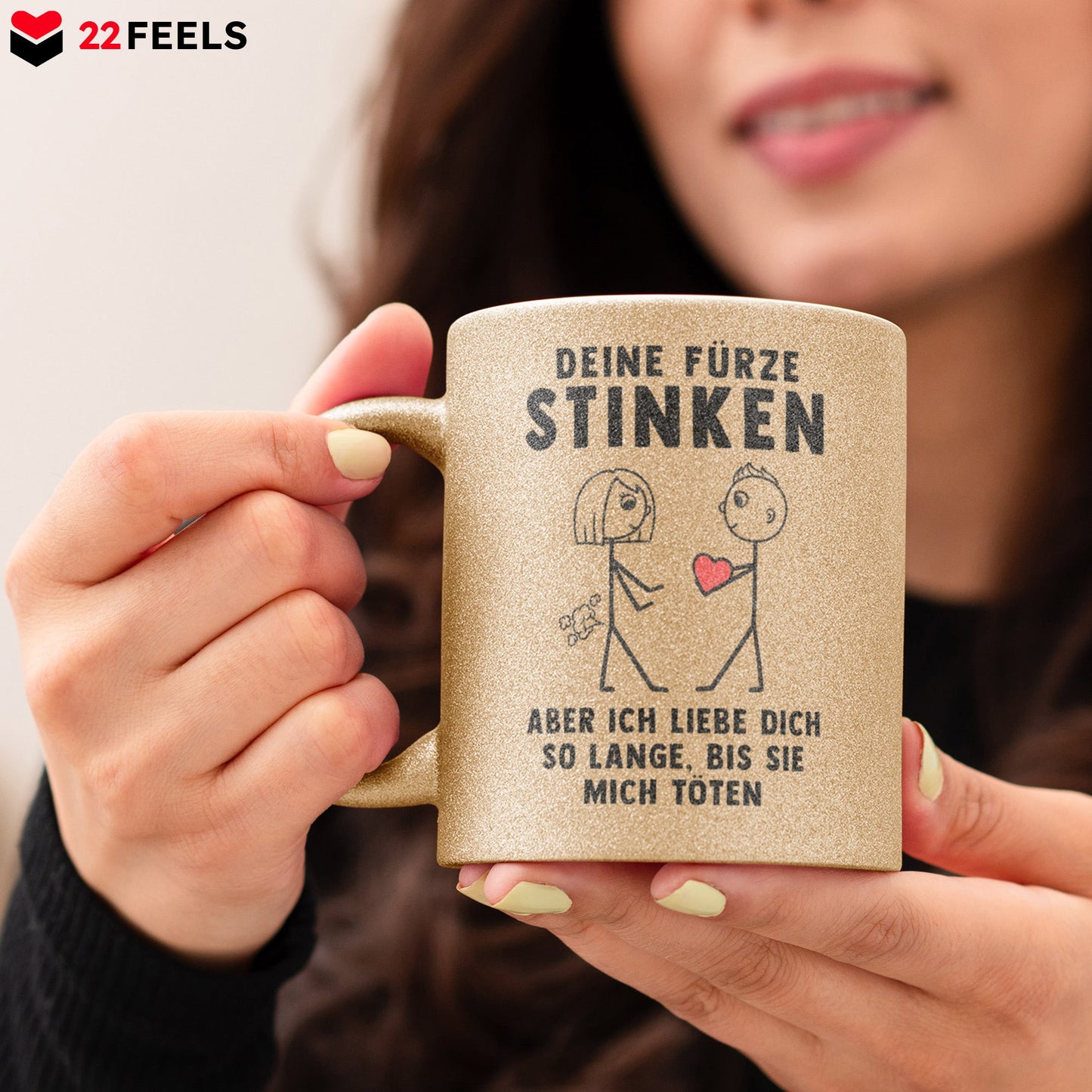 22Feels® ORIGINAL Glitzertasse - Frauen Geschenk - Spruch: Deine Fürze Stinken (Gold, 320ml)-Glitzertasse Gold 320ml-22Feels