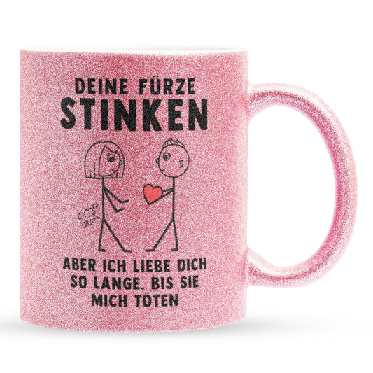 22Feels® ORIGINAL Glitzertasse - Frauen Geschenk - Spruch: Deine Fürze Stinken (Pink, 320ml)-Glitzertasse Pink 320ml-22Feels