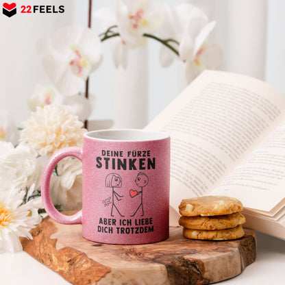 22Feels® ORIGINAL Glitzertasse - Frauen Geschenk - Spruch: Deine Fürze Stinken (Pink, 320ml)-Glitzertasse Pink 320ml-22Feels