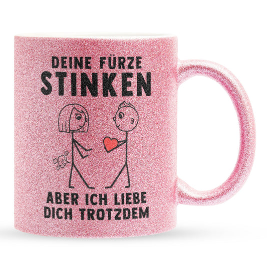 22Feels® ORIGINAL Glitzertasse - Frauen Geschenk - Spruch: Deine Fürze Stinken (Pink, 320ml)-Glitzertasse Pink 320ml-22Feels