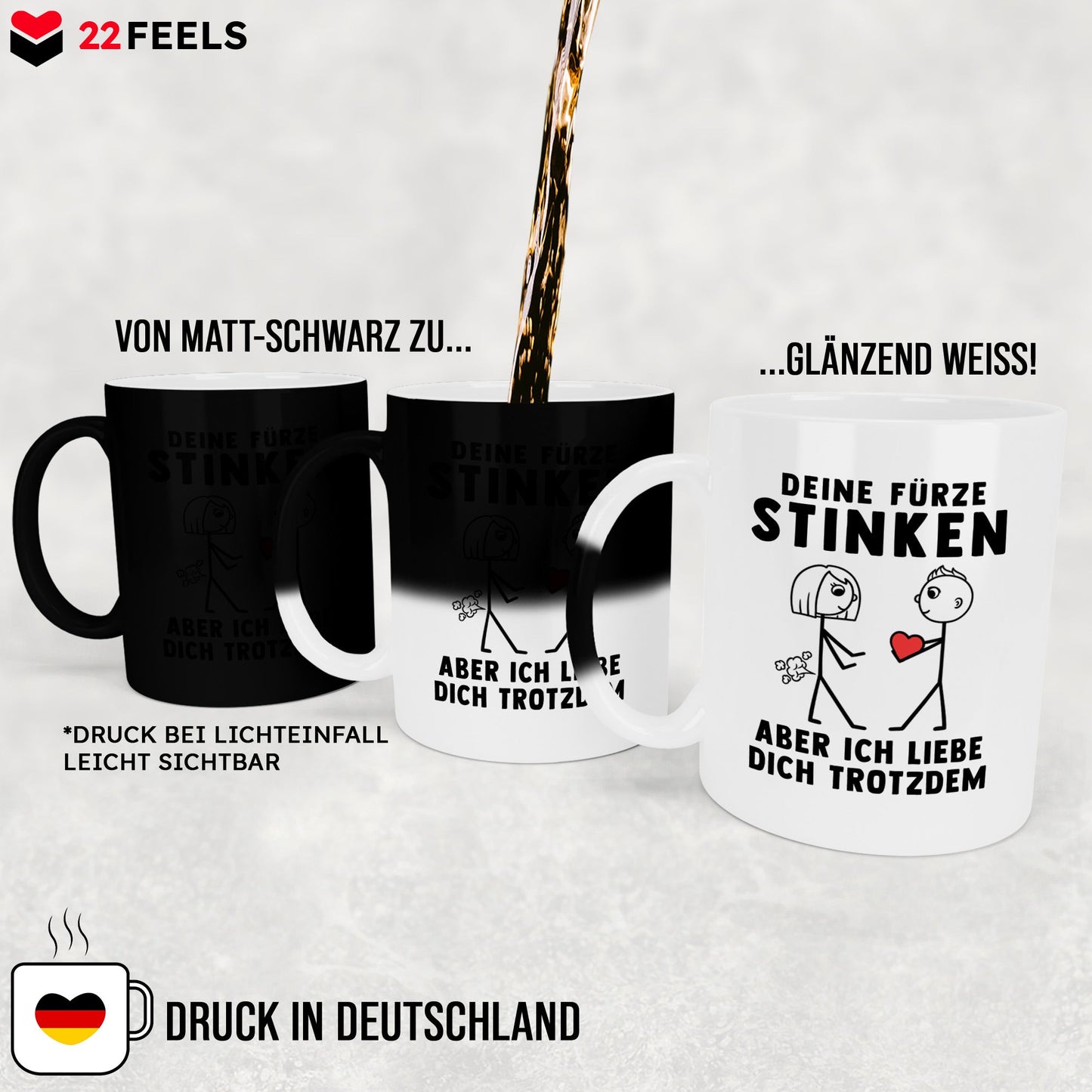 22Feels® ORIGINAL Zaubertasse - Frauen Geschenk - Spruch: Deine Fürze Stinken (Matt-Schwarz und Weiss, 320ml)-Farbwechsel Tasse Matt 320ml-22Feels