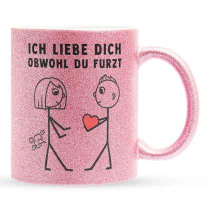 22Feels® ORIGINAL Glitzertasse - Frauen Geschenk - Spruch: Ich Liebe Dich Obwohl Du Furzt (Pink, 320ml)-Glitzertasse Pink 320ml-22Feels