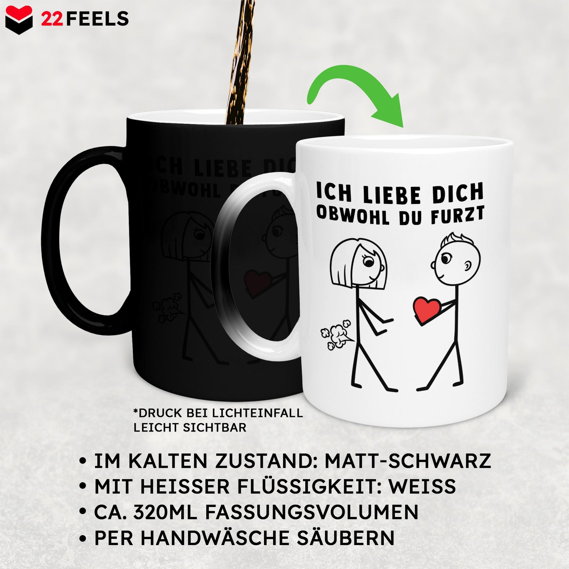 22Feels® ORIGINAL Zaubertasse - Frauen Geschenk - Spruch: Ich Liebe Dich Obwohl Du Furzt (Matt-Schwarz und Weiss, 320ml)-Farbwechsel Tasse Matt 320ml-22Feels