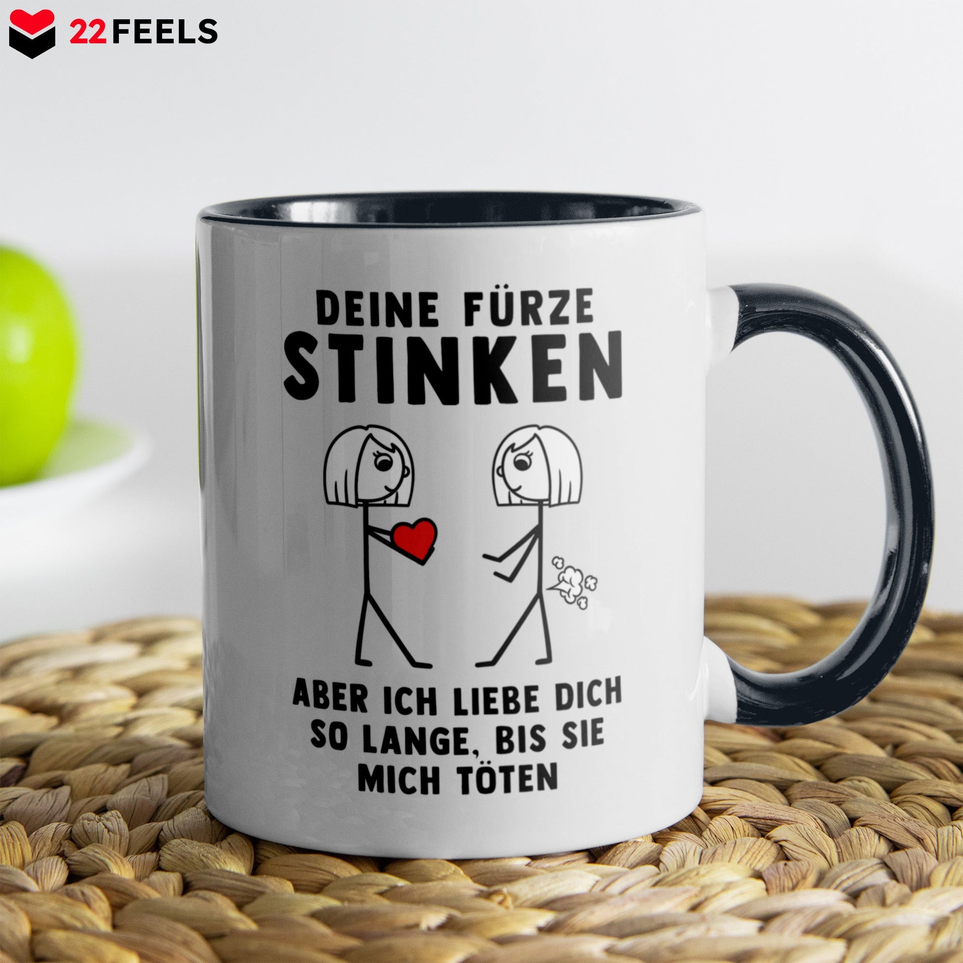 22Feels® Lesbische Frau Geschenk zum Jahrestag, Hochzeitstag, Valentinstag etc. - Tasse mit Spruch: Deine Fürze Stinken (Weiss-Schwarz, 320ml)-TwoTone Tasse Weiss-Schwarz 320ml-22Feels
