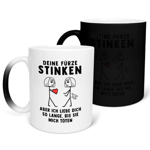 22Feels® Lesbische Frau Geschenk zum Jahrestag, Hochzeitstag, Valentinstag etc. - Zaubertasse mit Spruch: Deine Fürze Stinken (Matt-Schwarz und Weiss, 320ml)-Farbwechsel Tasse Matt 320ml-22Feels