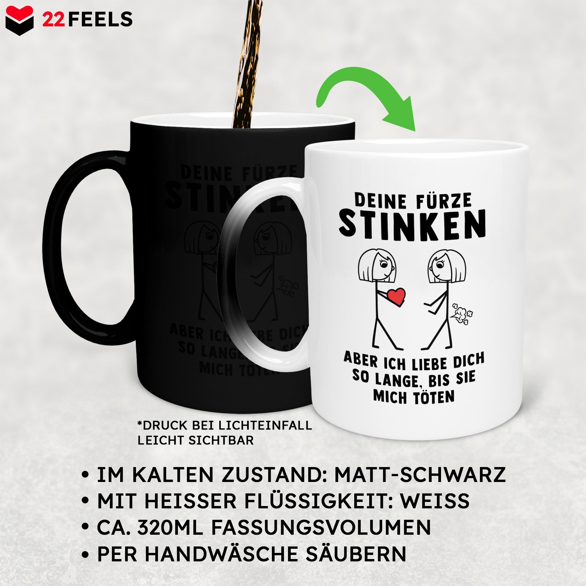 22Feels® Lesbische Frau Geschenk zum Jahrestag, Hochzeitstag, Valentinstag etc. - Zaubertasse mit Spruch: Deine Fürze Stinken (Matt-Schwarz und Weiss, 320ml)-Farbwechsel Tasse Matt 320ml-22Feels