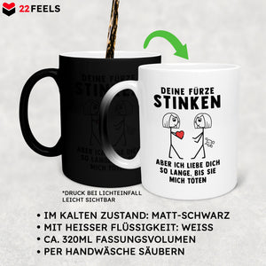 22Feels® Lesbische Frau Geschenk zum Jahrestag, Hochzeitstag, Valentinstag etc. - Zaubertasse mit Spruch: Deine Fürze Stinken (Matt-Schwarz und Weiss, 320ml)-Farbwechsel Tasse Matt 320ml-22Feels