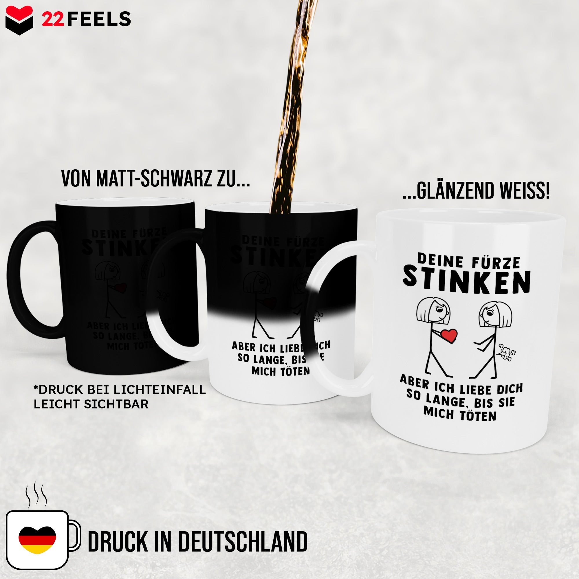 22Feels® Lesbische Frau Geschenk zum Jahrestag, Hochzeitstag, Valentinstag etc. - Zaubertasse mit Spruch: Deine Fürze Stinken (Matt-Schwarz und Weiss, 320ml)-Farbwechsel Tasse Matt 320ml-22Feels