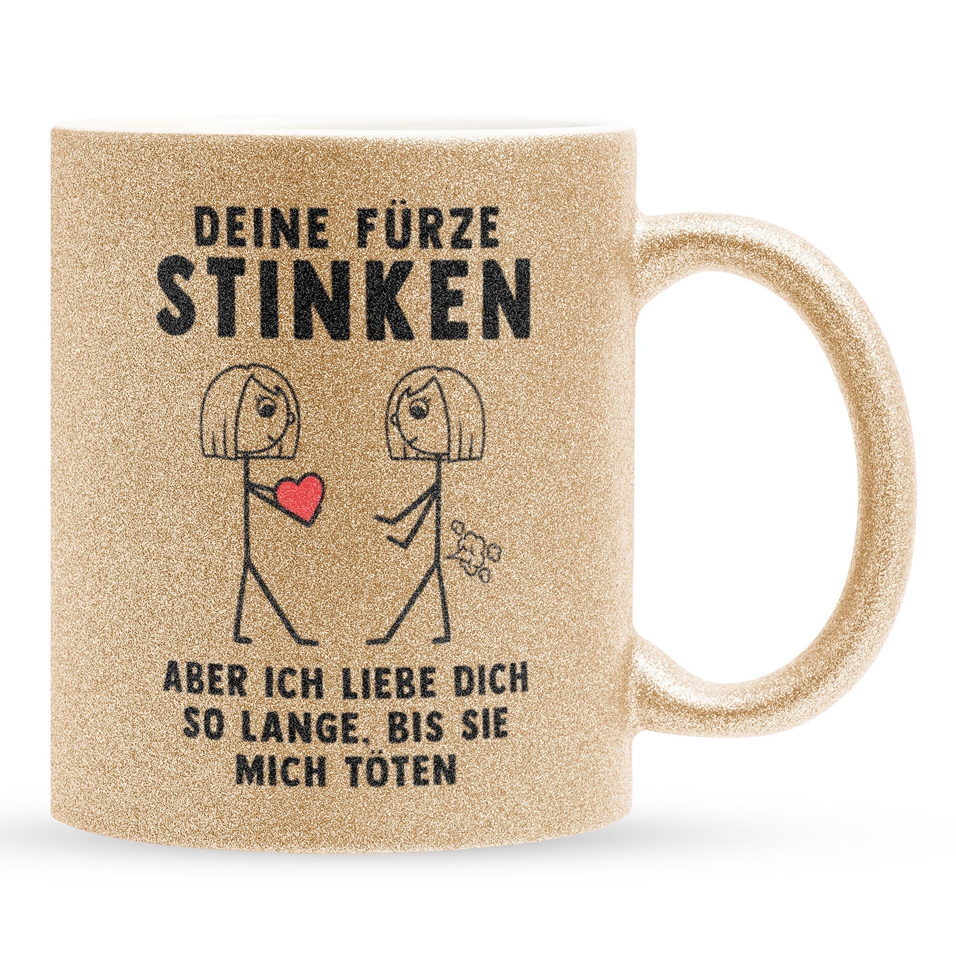 22Feels® Lesbische Frau Geschenk zum Jahrestag, Hochzeitstag, Valentinstag etc. - Glitzertasse mit Spruch: Deine Fürze Stinken (Gold, 320ml)-Glitzertasse Gold 320ml-22Feels