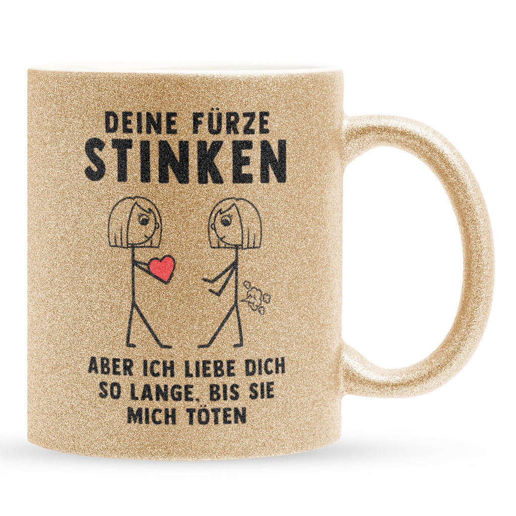 22Feels® Lesbische Frau Geschenk zum Jahrestag, Hochzeitstag, Valentinstag etc. - Glitzertasse mit Spruch: Deine Fürze Stinken (Gold, 320ml)-Glitzertasse Gold 320ml-22Feels