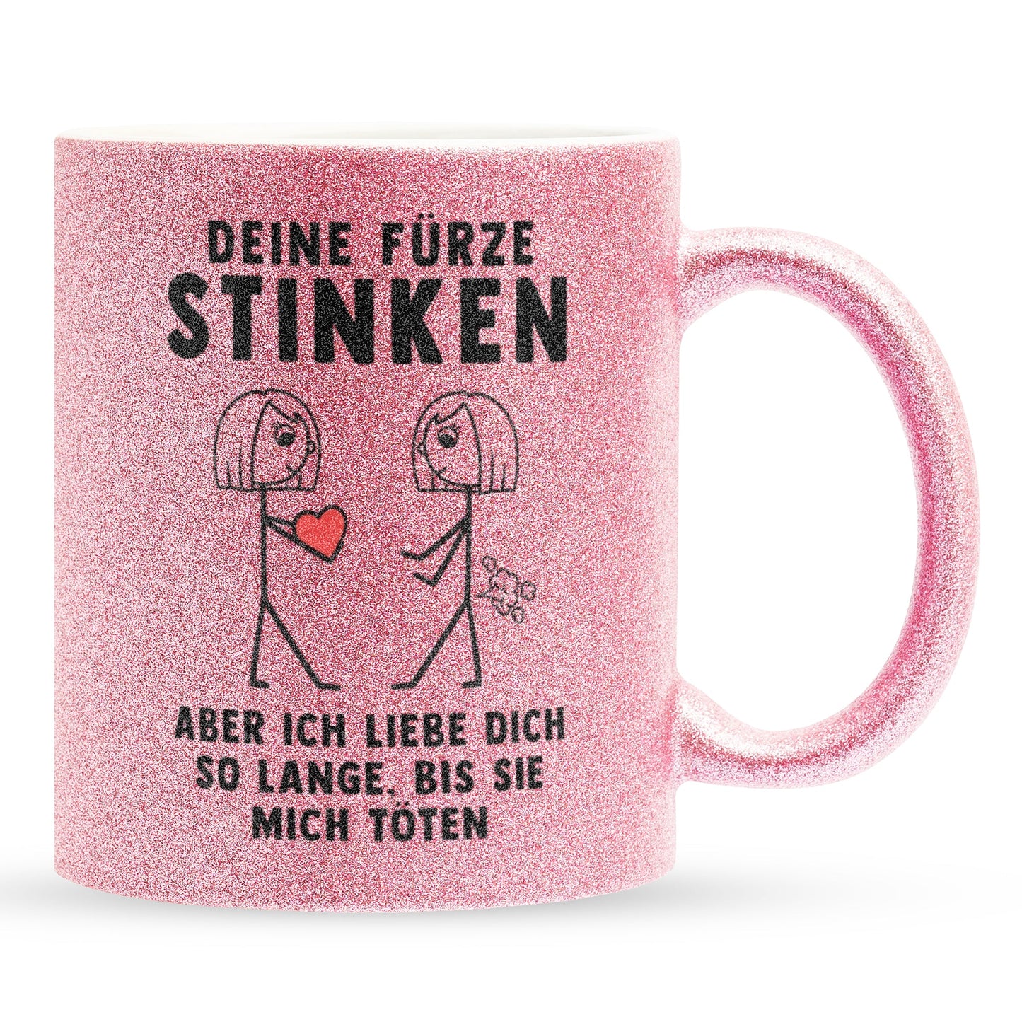22Feels® Lesbische Frau Geschenk zum Jahrestag, Hochzeitstag, Valentinstag etc. - Glitzertasse mit Spruch: Deine Fürze Stinken (Pink, 320ml)-Glitzertasse Pink 320ml-22Feels