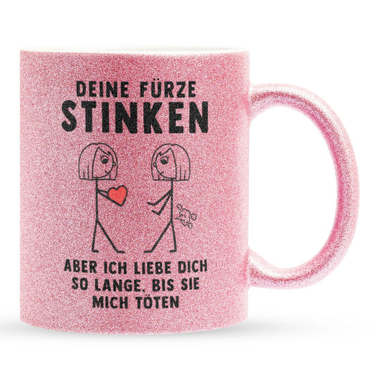 22Feels® Lesbische Frau Geschenk zum Jahrestag, Hochzeitstag, Valentinstag etc. - Glitzertasse mit Spruch: Deine Fürze Stinken (Pink, 320ml)-Glitzertasse Pink 320ml-22Feels