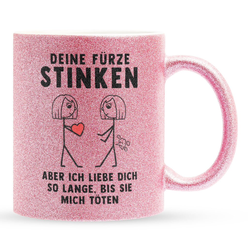 22Feels® Lesbische Frau Geschenk zum Jahrestag, Hochzeitstag, Valentinstag etc. - Glitzertasse mit Spruch: Deine Fürze Stinken (Pink, 320ml)-Glitzertasse Pink 320ml-22Feels