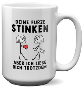 22Feels® Lesbische Frau Geschenk zum Jahrestag, Hochzeitstag, Valentinstag etc. - XL Tasse mit Spruch: Deine Fürze Stinken (Weiss, 440ml)-Weisse XL Tasse 440ml-22Feels