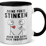 22Feels® Lesbische Frau Geschenk zum Jahrestag, Hochzeitstag, Valentinstag etc. - Tasse mit Spruch: Deine Fürze Stinken (Weiss-Schwarz, 320ml)-TwoTone Tasse Weiss-Schwarz 320ml-22Feels