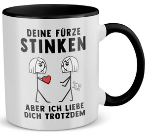 22Feels® Lesbische Frau Geschenk zum Jahrestag, Hochzeitstag, Valentinstag etc. - Tasse mit Spruch: Deine Fürze Stinken (Weiss-Schwarz, 320ml)-TwoTone Tasse Weiss-Schwarz 320ml-22Feels