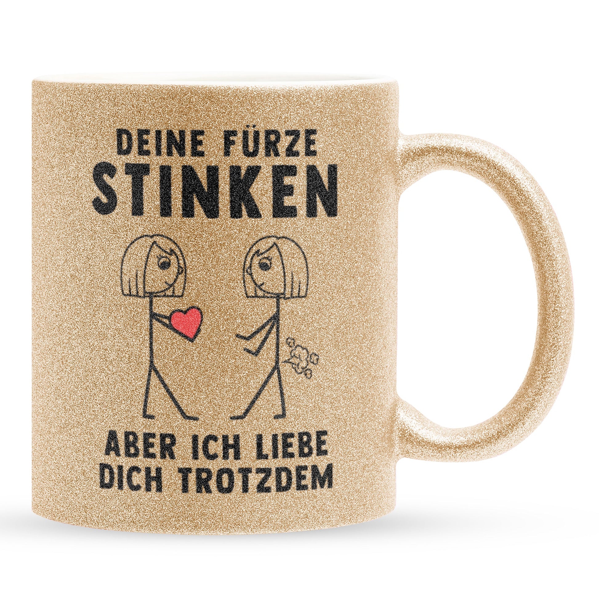 22Feels® Lesbische Frau Geschenk zum Jahrestag, Hochzeitstag, Valentinstag etc. - Glitzertasse mit Spruch: Deine Fürze Stinken (Gold, 320ml)-Glitzertasse Gold 320ml-22Feels