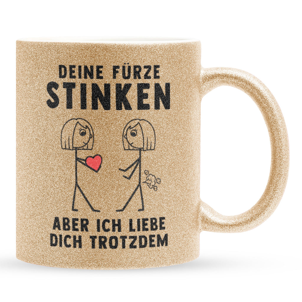 22Feels® Lesbische Frau Geschenk zum Jahrestag, Hochzeitstag, Valentinstag etc. - Glitzertasse mit Spruch: Deine Fürze Stinken (Gold, 320ml)-Glitzertasse Gold 320ml-22Feels