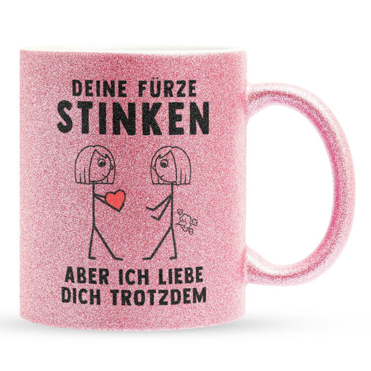 22Feels® Lesbische Frau Geschenk zum Jahrestag, Hochzeitstag, Valentinstag etc. - Glitzertasse mit Spruch: Deine Fürze Stinken (Pink, 320ml)-Glitzertasse Pink 320ml-22Feels