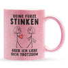 22Feels® Lesbische Frau Geschenk zum Jahrestag, Hochzeitstag, Valentinstag etc. - Glitzertasse mit Spruch: Deine Fürze Stinken (Pink, 320ml)-Glitzertasse Pink 320ml-22Feels