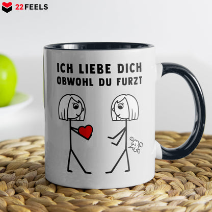 22Feels® Lesbische Frau Geschenk zum Jahrestag, Hochzeitstag, Valentinstag etc. - Tasse mit Spruch: Ich Liebe Dich Obwohl (Weiss-Schwarz, 320ml)-TwoTone Tasse Weiss-Schwarz 320ml-22Feels