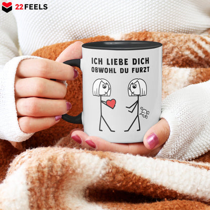 22Feels® Lesbische Frau Geschenk zum Jahrestag, Hochzeitstag, Valentinstag etc. - Tasse mit Spruch: Ich Liebe Dich Obwohl (Weiss-Schwarz, 320ml)-TwoTone Tasse Weiss-Schwarz 320ml-22Feels