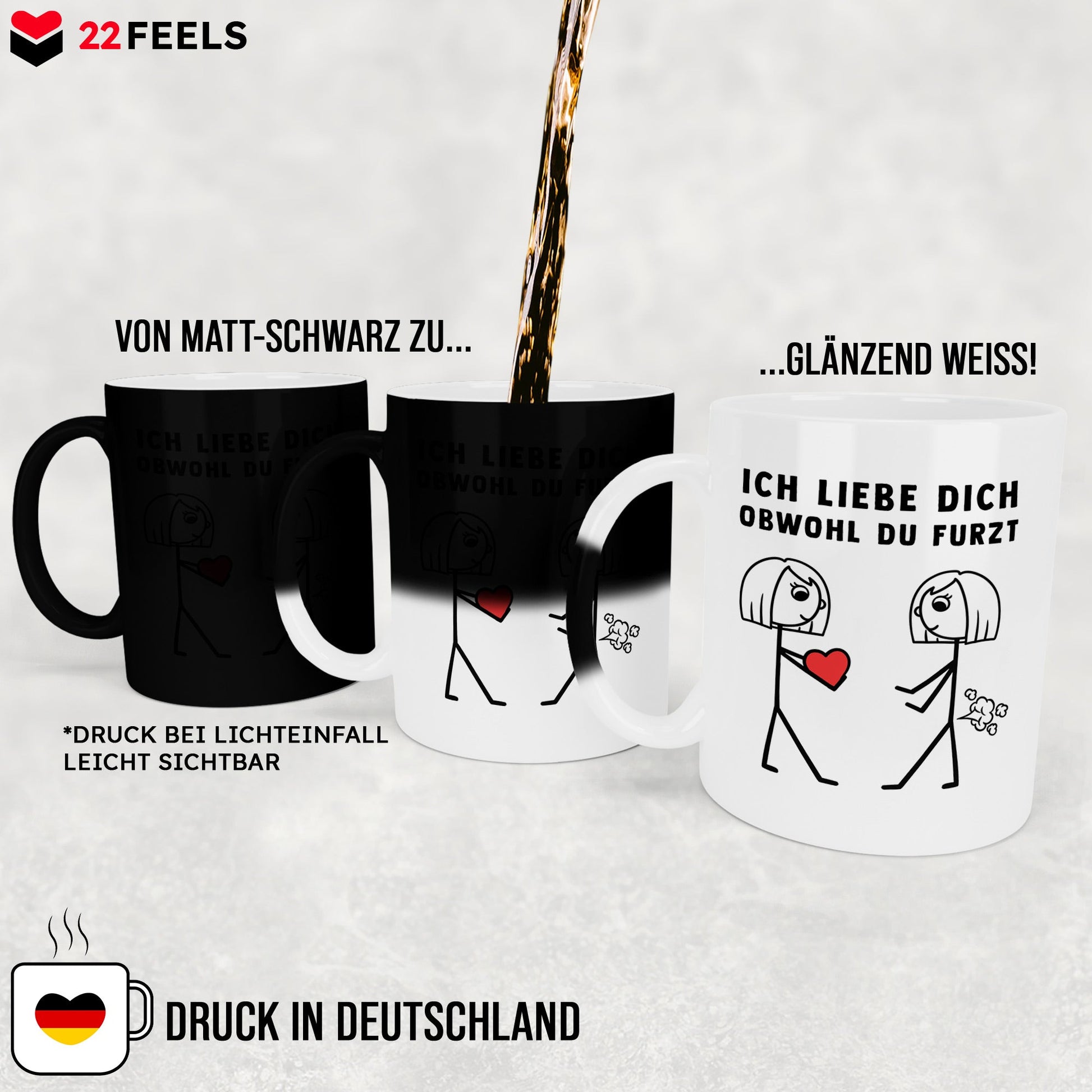 22Feels® Lesbische Frau Geschenk zum Jahrestag, Hochzeitstag, Valentinstag etc. - Zaubertasse mit Spruch: Ich Liebe Dich Obwohl (Matt-Schwarz und Weiss, 320ml)-Farbwechsel Tasse Matt 320ml-22Feels