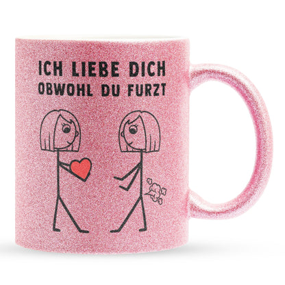 22Feels® Lesbische Frau Geschenk zum Jahrestag, Hochzeitstag, Valentinstag etc. - Glitzertasse mit Spruch: Ich Liebe Dich Obwohl (Pink, 320ml)-Glitzertasse Pink 320ml-22Feels