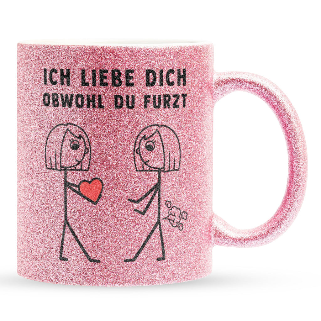 22Feels® Lesbische Frau Geschenk zum Jahrestag, Hochzeitstag, Valentinstag etc. - Glitzertasse mit Spruch: Ich Liebe Dich Obwohl (Pink, 320ml)-Glitzertasse Pink 320ml-22Feels