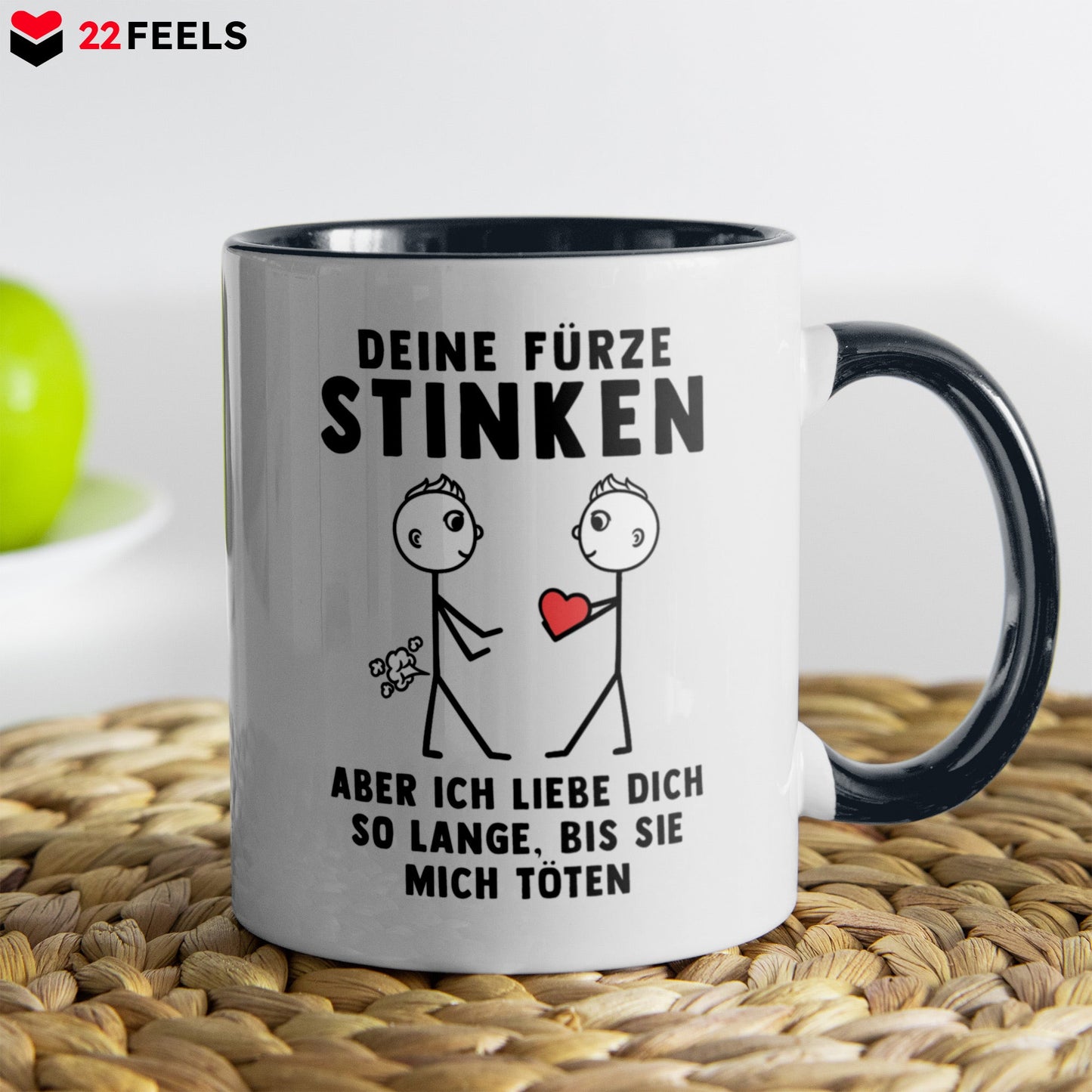 22Feels® Schwuler Mann Geschenk zum Jahrestag, Hochzeitstag, Valentinstag etc. - Tasse mit Spruch: Deine Fürze Stinken (Weiss-Schwarz, 320ml)-TwoTone Tasse Weiss-Schwarz 320ml-22Feels