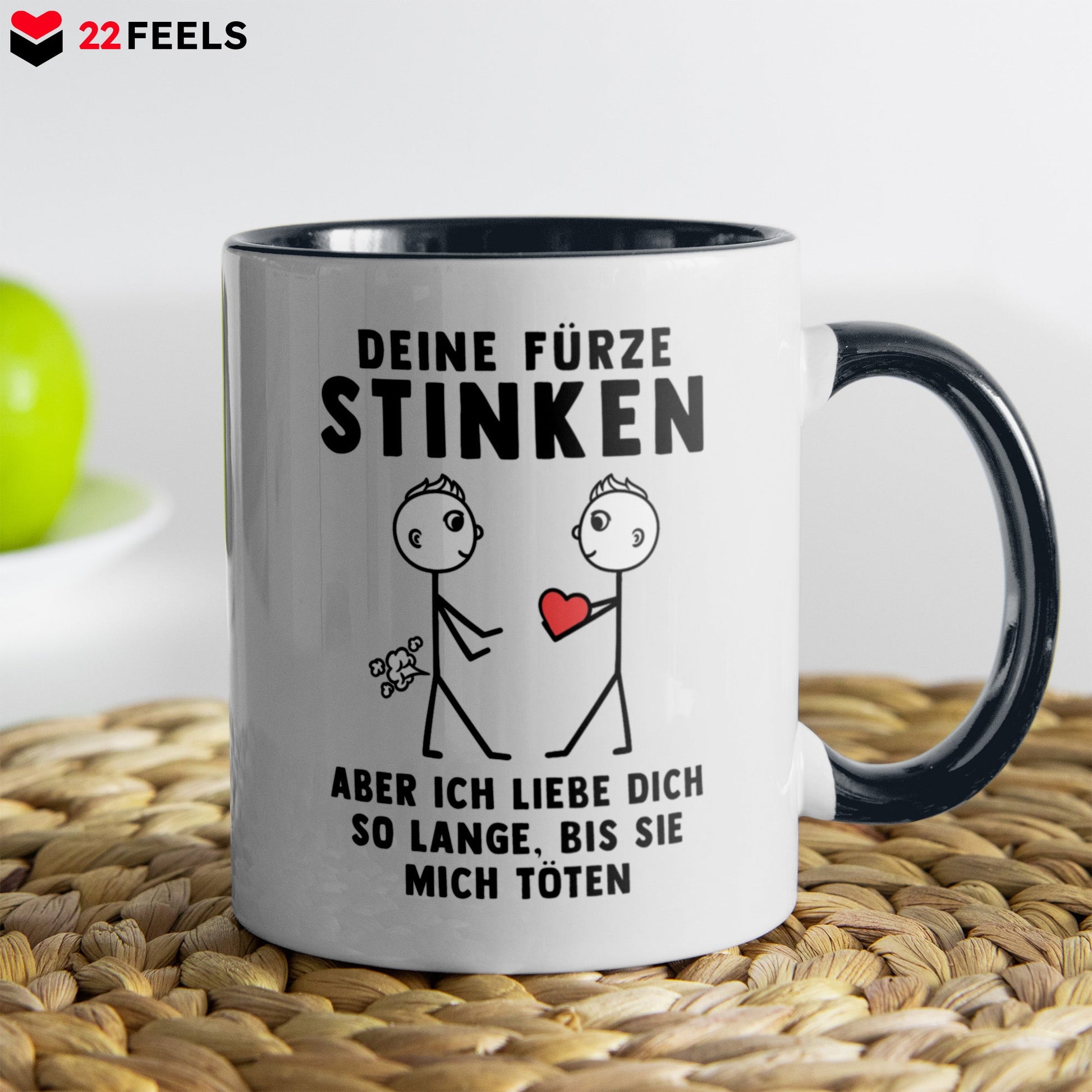 22Feels® Schwuler Mann Geschenk zum Jahrestag, Hochzeitstag, Valentinstag etc. - Tasse mit Spruch: Deine Fürze Stinken (Weiss-Schwarz, 320ml)-TwoTone Tasse Weiss-Schwarz 320ml-22Feels