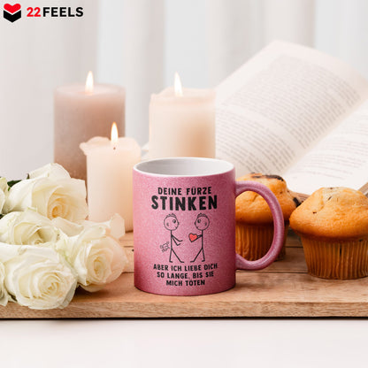 22Feels® Schwuler Mann Geschenk zum Jahrestag, Hochzeitstag, Valentinstag etc. - Glitzertasse mit Spruch: Deine Fürze Stinken (Pink, 320ml)-Glitzertasse Pink 320ml-22Feels