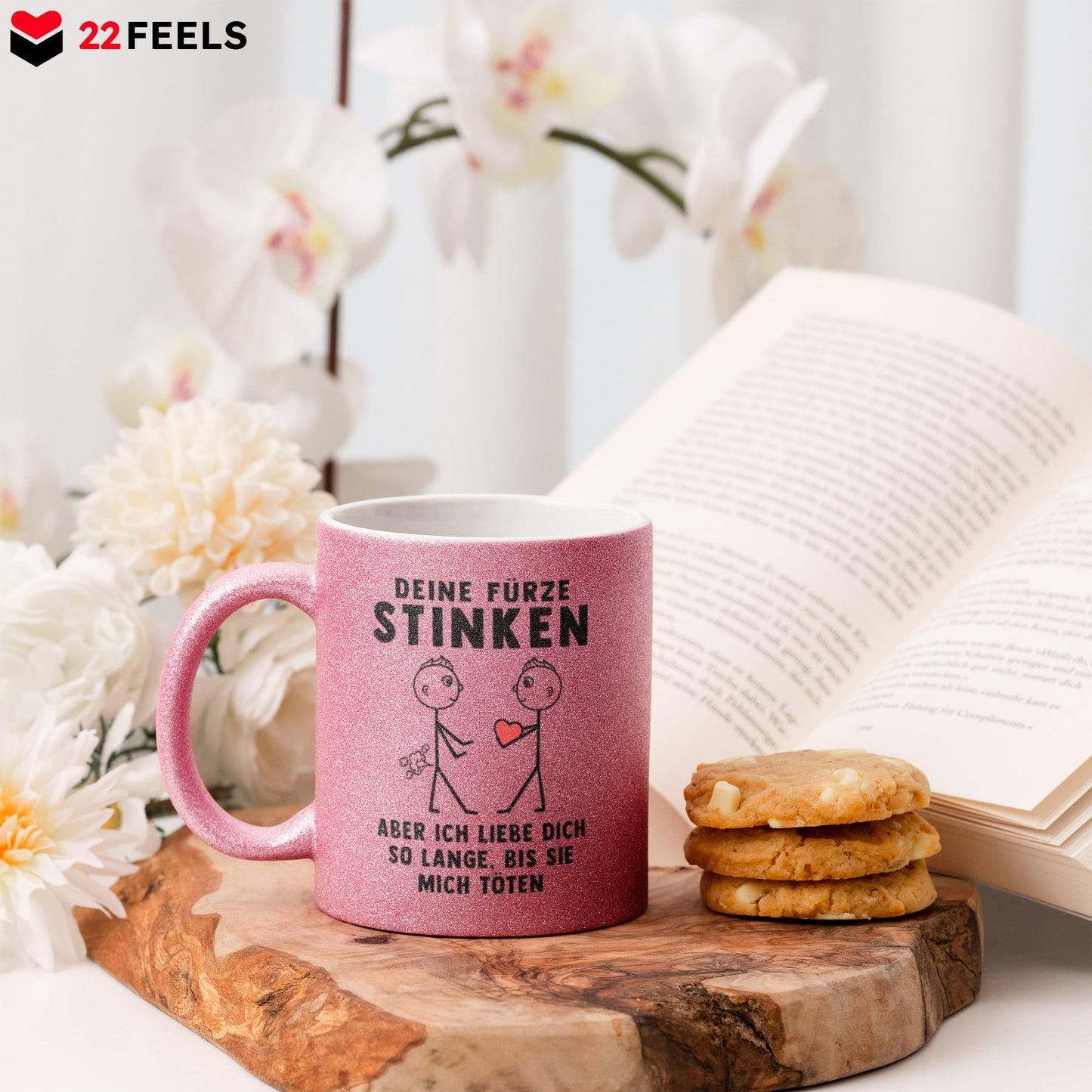 22Feels® Schwuler Mann Geschenk zum Jahrestag, Hochzeitstag, Valentinstag etc. - Glitzertasse mit Spruch: Deine Fürze Stinken (Pink, 320ml)-Glitzertasse Pink 320ml-22Feels
