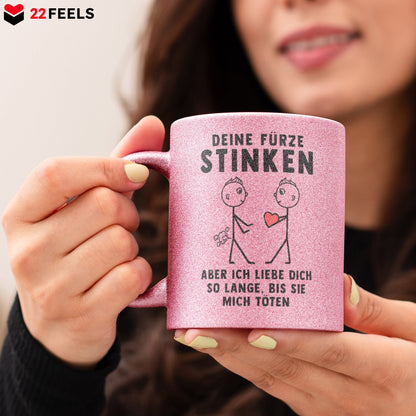 22Feels® Schwuler Mann Geschenk zum Jahrestag, Hochzeitstag, Valentinstag etc. - Glitzertasse mit Spruch: Deine Fürze Stinken (Pink, 320ml)-Glitzertasse Pink 320ml-22Feels