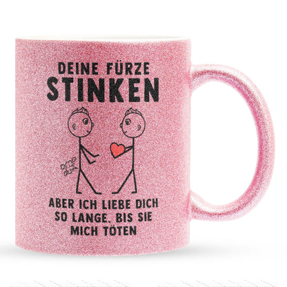 22Feels® Schwuler Mann Geschenk zum Jahrestag, Hochzeitstag, Valentinstag etc. - Glitzertasse mit Spruch: Deine Fürze Stinken (Pink, 320ml)-Glitzertasse Pink 320ml-22Feels